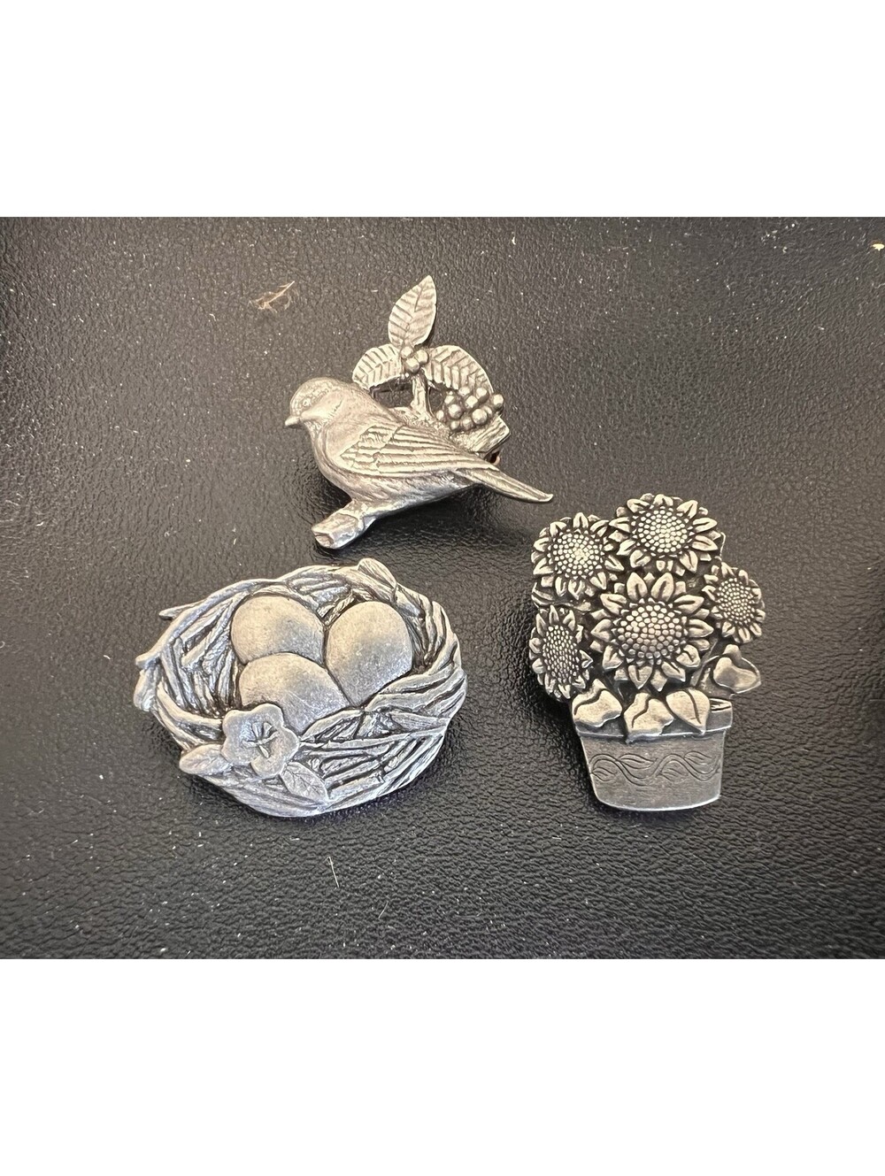 Lot 3 Birds & Blooms Pewter Silver Pins Brooches Sunflowers, Egg Nest, Bird